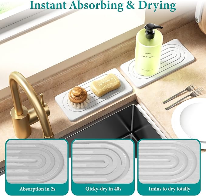 Water Absorbing Stone Tray, Quick Drying Diatomite Bathroom Tray Countertop, Stone Drying Mat for Kitchen Counter, Soap Dish Dispenser Vanity Organizer, White-B-8.3" x 4" - Image 3