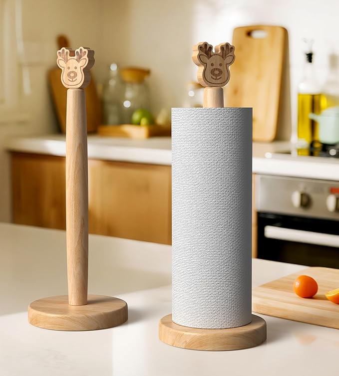 KitchLife Cute Wooden Paper Towel Holder Countertop - Solid Freestanding Paper Towel Dispenser Stand Organizer with Anti-Skid Base (Christmas Reindeer Style) - Image 5