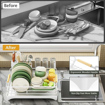 Epicano Dish Drying Rack for Kitchen Counter,Space-Saving Dish Rack,Rustproof Dish Drainer with Utensil Holder and Knife Slots for Sink,Kitchen Drying Rack with Wooden Handle and Cup Holder,White - Image 7
