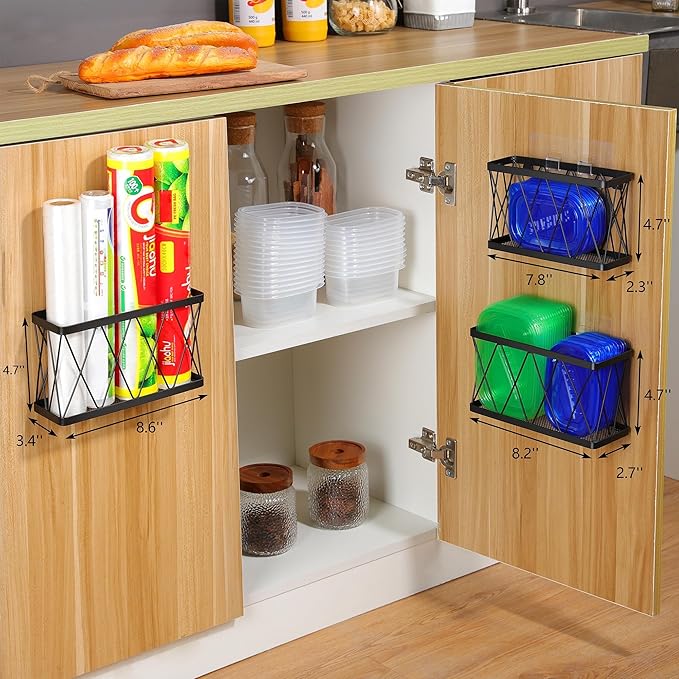 YIGII 3 Pack Adhesive Cabinet Organizer - Wall Mounted Pantry Door Organizer Bin Holder for Tupperware Lid Kitchen Wall Under Sink Basket Slim Space Black Stainless Steel - Image 4