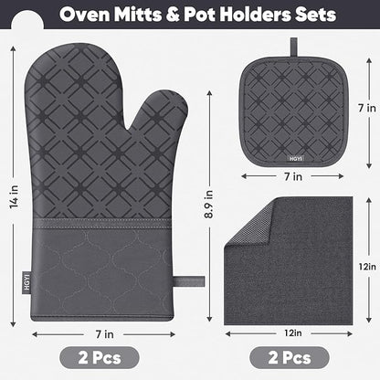 Oven Mitts and Pot Holders Set with Dishcloths, 500 Degree Heat Resistant Oven Gloves and Hot Pads, Premium Soft Cotton Kitchen Mittens and Dish Cloth Sets-Deep Grey - Image 2