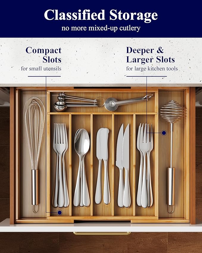 Kitsure Silverware Organizer - Expandable Bamboo Kitchen Drawer Organizer for Cooking Utensils and Cutlery, Sturdy & Thickened Kitchen Organizers and Storage Solution, Large, Natural - Image 4