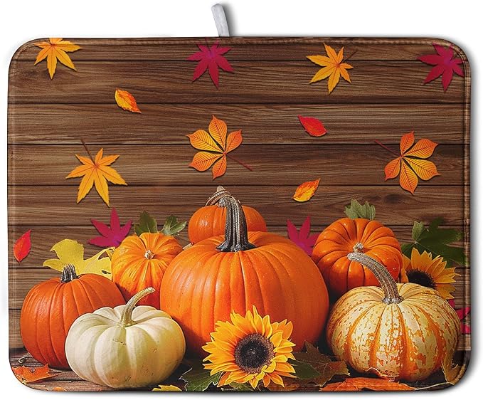 AutumnThanksgiving Pumpkin Dish Drying Mat for Kitchen Counter 16x18 Inch Fall Sunflowers Maple Leaves Harvest Kitchen Drying Mat Microfiber Super Absorbent Dish Rack Drainer Mat with Hanging Loop by Kwlegh