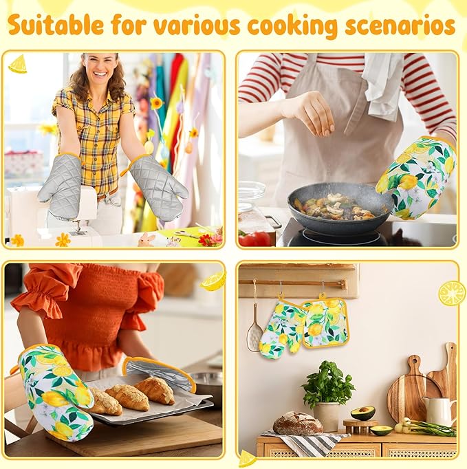 4 Pcs Oven Mitts and Pot Holders Cute Lemon Oven Gloves and Pot Holders Heat Resistant Non Slip Ovens Mitts for Cooking Baking Accessories Fruit Themed Kitchen Linens, 6"x12" - Image 4