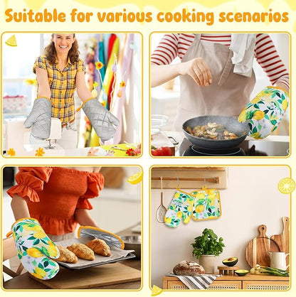 4 Pcs Oven Mitts and Pot Holders Cute Lemon Oven Gloves and Pot Holders Heat Resistant Non Slip Ovens Mitts for Cooking Baking Accessories Fruit Themed Kitchen Linens, 6"x12" - Image 4