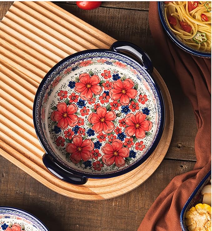 Vintage Style Cherry Blossom Flowers Pottery Bakeware Ceramic Casserole Dish Baking Pan Lasagna Pans Baking Dish with Handles for Oven to Table-1 PCS, 32 oz - Image 5