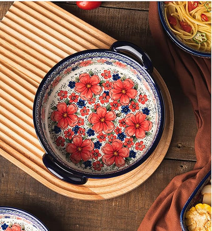 Vintage Style Cherry Blossom Flowers Pottery Bakeware Ceramic Casserole Dish Baking Pan Lasagna Pans Baking Dish with Handles for Oven to Table-1 PCS, 32 oz - Image 5