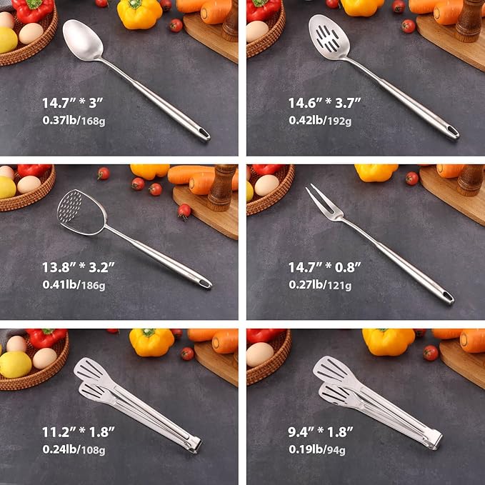 18/10 Stainless Steel Kitchen Utensils Set - 12 PCS All Metal Cooking Tools & 15″ Serving Utensils - Potato Masher, Meat Fork, Tongs, Turner, Pasta, Serving Spoon, Skimmer, Ladle, Spatula Spoon Set - Image 2