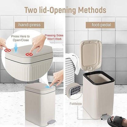 rejomiik Small Bathroom Trash Can with Lid Slim Soft Close Garbage Can Step Wastebasket Container Trash Bin for Office Bedroom Kitchen Living Room (1.9 Gallon Cream)