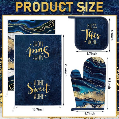 Leinuosen 8 Pcs Blue Marble Kitchen Decor Dish Towels and Oven Mitts Sets Pot Holders and Dishcloths Farmhouse Kitchen Accessories Decorative Set for Chef Baking Cooking Daughter Mom Gift