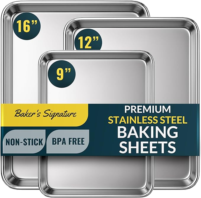 Baker’s Signature Stainless Steel Cookie Sheet Pan, Stainless Steel Baking Sheet Set of 3, Mirror Finish, Non-Stick, Rust Resistant, BPA Free, Dishwasher Safe, 9/12/16 Inch by BakersSignature