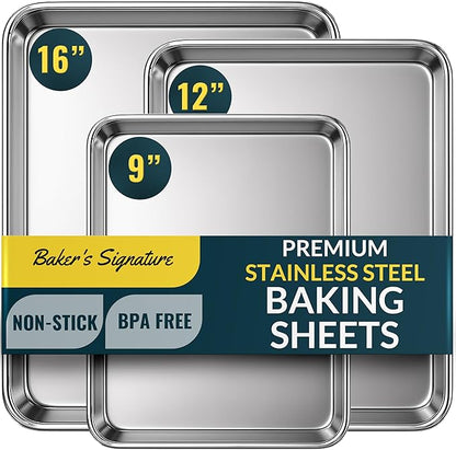 Baker’s Signature Stainless Steel Cookie Sheet Pan, Stainless Steel Baking Sheet Set of 3, Mirror Finish, Non-Stick, Rust Resistant, BPA Free, Dishwasher Safe, 9/12/16 Inch by BakersSignature