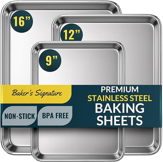 Baker’s Signature Stainless Steel Cookie Sheet Pan, Stainless Steel Baking Sheet Set of 3, Mirror Finish, Non-Stick, Rust Resistant, BPA Free, Dishwasher Safe, 9/12/16 Inch by BakersSignature