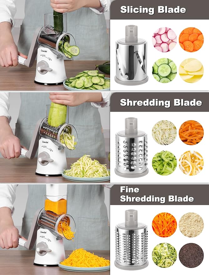 Geedel Rotary Cheese Grater Cheese Shredder - Upgraded 5-in-1 Cheese Grater with Handle and Strong Suction Base, Multi-purpose Vegetable Slicer Ice Shaver Nuts Grinder for Ice, Vegetables, Fruit, Nuts - Image 4