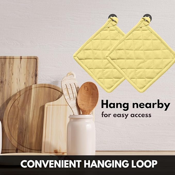 Oven Mitt (7"x13") & Pot Holder (8"x8") 100% Cotton Set of Heat Resistant Oven Gloves & Hot Pads for Gifts, BBQ, Cooking, Baking, Thanksgiving - Pale Yellow