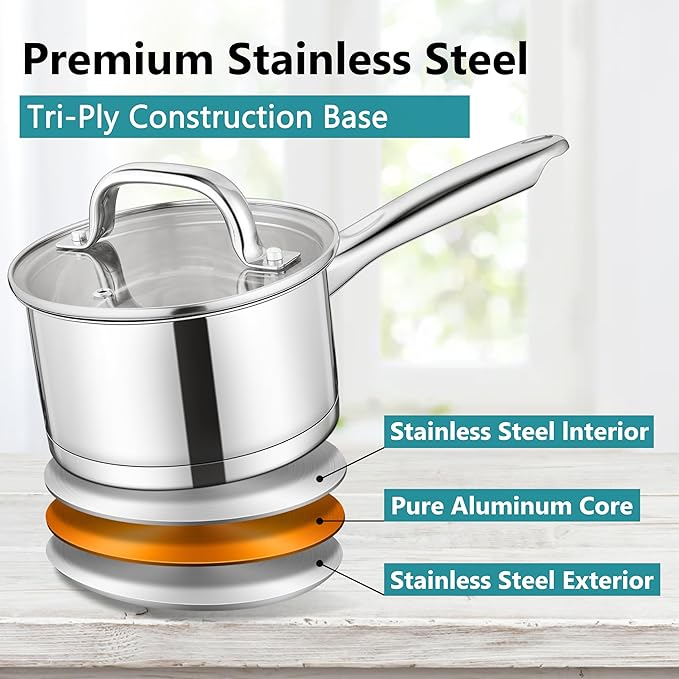 E-far Stainless Steel Saucepan with Lid Set - 1QT & 2QT &3QT, Triply Sauce Pan Induction Pot for Cooking, Boiling, Compatible with All Stoves, Visible Lid, Healthy & Non Toxic, Oven & Dishwasher Safe - Image 5
