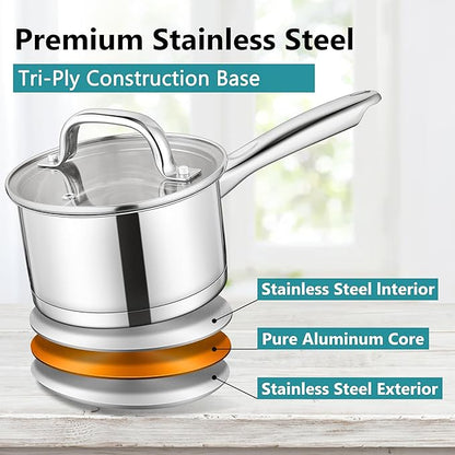 E-far Stainless Steel Saucepan with Lid Set - 1QT & 2QT &3QT, Triply Sauce Pan Induction Pot for Cooking, Boiling, Compatible with All Stoves, Visible Lid, Healthy & Non Toxic, Oven & Dishwasher Safe - Image 5