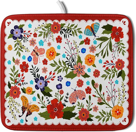 Flowers Printed Dish Drying Mat Floral Coffee Mat for Kitchen Counter Small by Giwawa