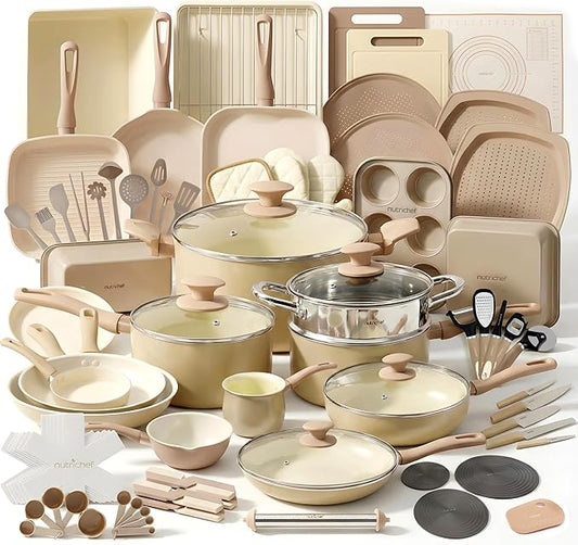NutriChef 75-Piece Non-Stick Pots and Pans Set, Complete Ceramic Cookware Set with Bakeware, Utensils, Knife Set, & Accessories, Stain-Resistant, Food-Grade Safe, Cream/Brown by NutriChef%E2%84%A2Kitchen