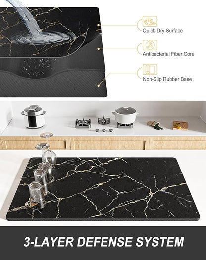 Rnivvi Dish Drying Mat for Kitchen Counter, 12 x 19" Cute Marble Super Absorbent Draining Pad, Non-Slip Heat Resistant Coffee Bar Mats for Coffee Machine Station Accessories, Black Gold Dish Rack Pad - Image 4