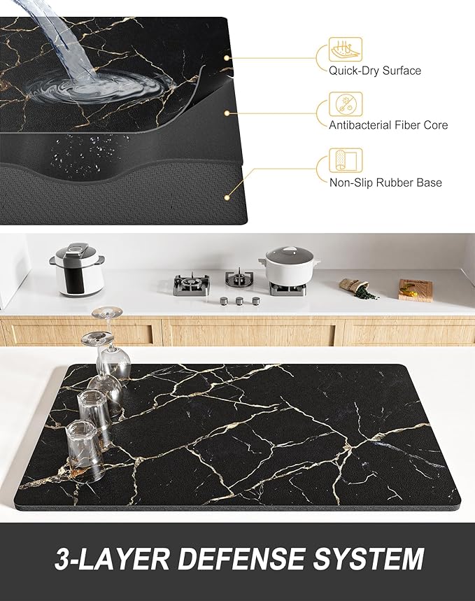 Rnivvi Dish Drying Mat for Kitchen Counter, XL 15 x 24" Cute Marble Absorbent Draining Pad, Non-Slip Heat Resistant Coffee Bar Mats for Coffee Machine Station Accessories, Black Gold Dish Rack Pad - Image 4