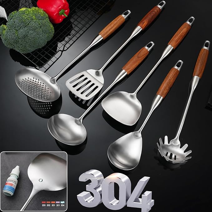 Stainless Steel Kitchen Utensils Set with Wooden Handle, 6 PCS Professional Cooking Utensils Set 15", Wok Spatula, Ladle, Skimmer, Slotted Spatula Turner, Spaghetti Spoon, Large Spoon - Image 7