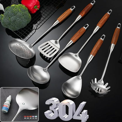Stainless Steel Kitchen Utensils Set with Wooden Handle, 6 PCS Professional Cooking Utensils Set 15", Wok Spatula, Ladle, Skimmer, Slotted Spatula Turner, Spaghetti Spoon, Large Spoon - Image 7