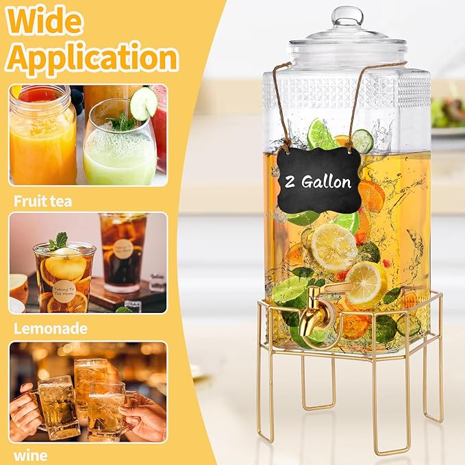 Drink Dispenser,2 Gallon Drink Dispensers for Parties,Beverage Dispenser with Stand,Glass Lid and Stainless Steel Spigot Leak-proof, Ideal for Lemonade,Juice, Tea, and Party Drinks - Image 3
