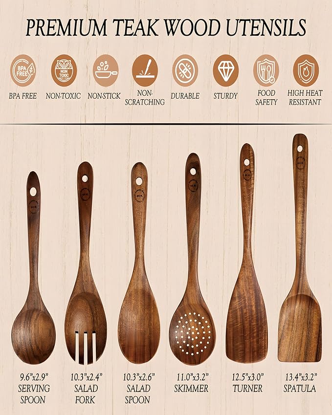 6-Piece Natural Teak Wood Utensil Set - Compact Nonstick Cooking Spoons & Spatulas, Durable Wooden Tools - Image 3