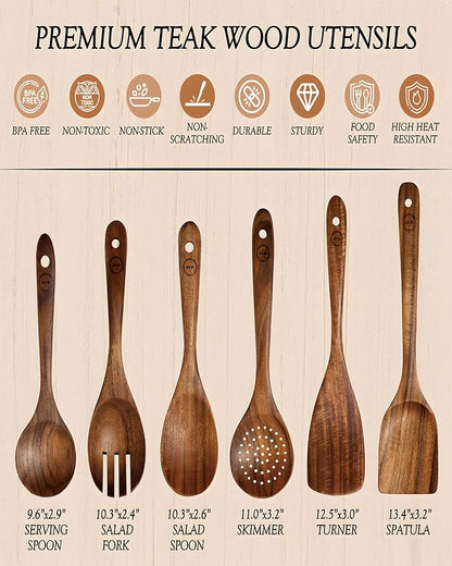 6-Piece Natural Teak Wood Utensil Set - Compact Nonstick Cooking Spoons & Spatulas, Durable Wooden Tools - Image 3