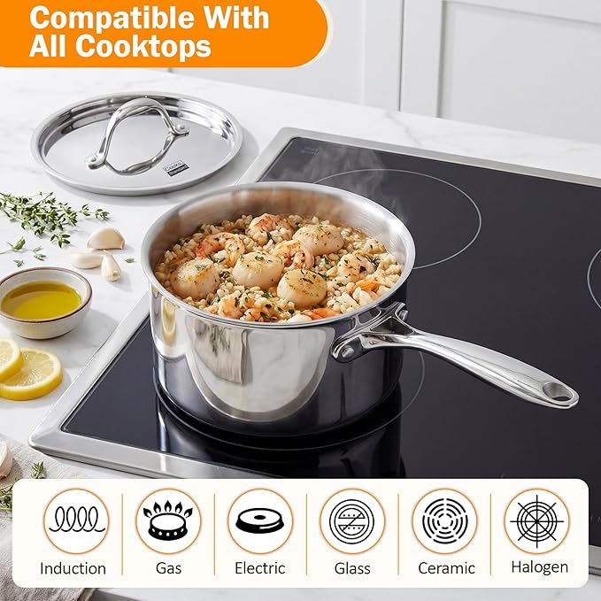 Cooks Standard Stainless Steel Sauce Pan with Lid, 3 Quarts Tri-Ply Clad Saucepan, Small Kitchen Induction Pot, Dishwasher & Oven Safe, Compatible with All Cooktops
