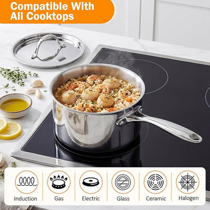 Cooks Standard Stainless Steel Sauce Pan with Lid, 3 Quarts Tri-Ply Clad Saucepan, Small Kitchen Induction Pot, Dishwasher & Oven Safe, Compatible with All Cooktops