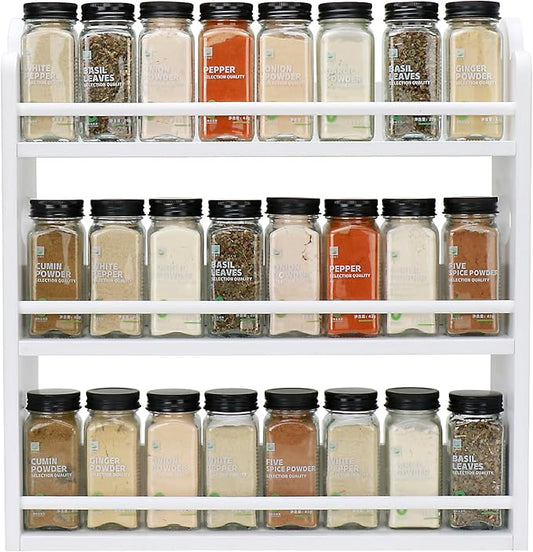 3 Tier Bamboo Spice Rack, Spice Rack Organizer, Seasoning Jars Rack Shelf Spice Organizer for Kitchen Counter or Wall Mounting, Spice Storage Holder with handles, Jars Not Included, White by Thalomely