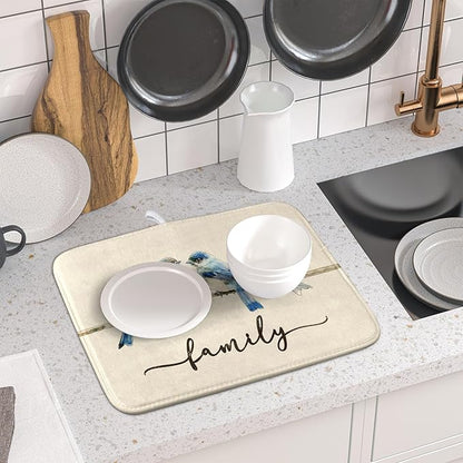 Home Blue Bird Family Dish Drying Mat for Kitchen Counter,Spring Summer Drying Mat 16 x 18 Inch with Absorbent Reversible Microfiber Drying Pad for Coffee Bar - Image 6