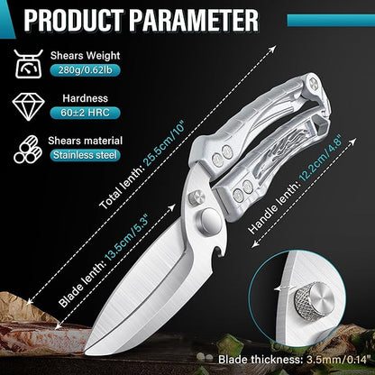 Dream Reach Kitchen Poultry Shears - Heavy Duty Detachable Meat Cutting Scissors with Serrated Edge Cooking Scissors for Thanksgiving Silver