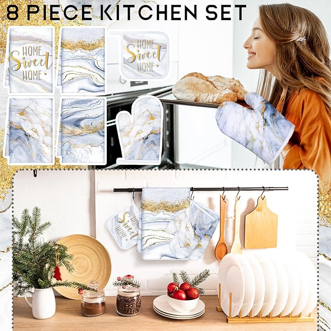 Leinuosen 8 Pcs White Marble Kitchen Decor Dish Towels and Oven Mitts Sets Pot Holders and Dishcloths Farmhouse Kitchen Accessories Decorative Set for Chef Baking Cooking Daughter Mom Gift
