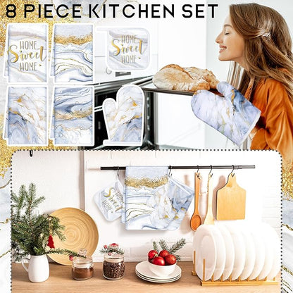 Leinuosen 8 Pcs White Marble Kitchen Decor Dish Towels and Oven Mitts Sets Pot Holders and Dishcloths Farmhouse Kitchen Accessories Decorative Set for Chef Baking Cooking Daughter Mom Gift