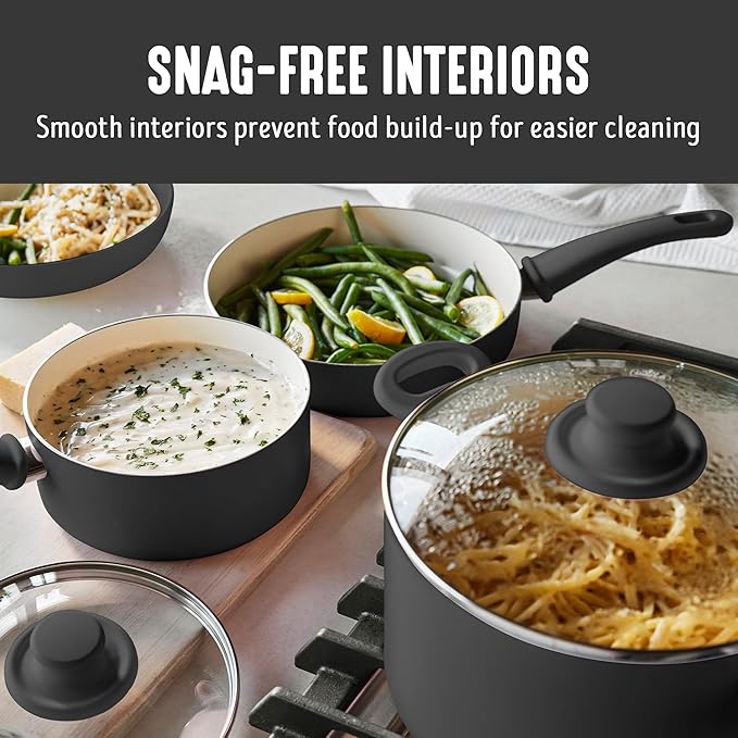 GreenLife 16 Piece Nonstick Cookware Set, Soft Grip Non-Toxic PFAS-Free Ceramic Pots & Pans, Dishwasher & Oven Safe, Frying, Sauce, Utensils, Glass Lids, Stay-Cool Handles, Wobble Free, Black & Cream - Image 3