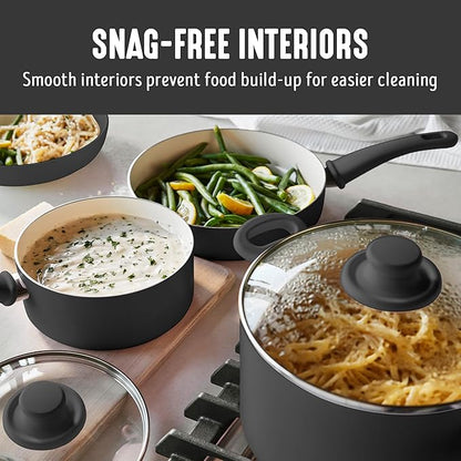 GreenLife 16 Piece Nonstick Cookware Set, Soft Grip Non-Toxic PFAS-Free Ceramic Pots & Pans, Dishwasher & Oven Safe, Frying, Sauce, Utensils, Glass Lids, Stay-Cool Handles, Wobble Free, Black & Cream - Image 3