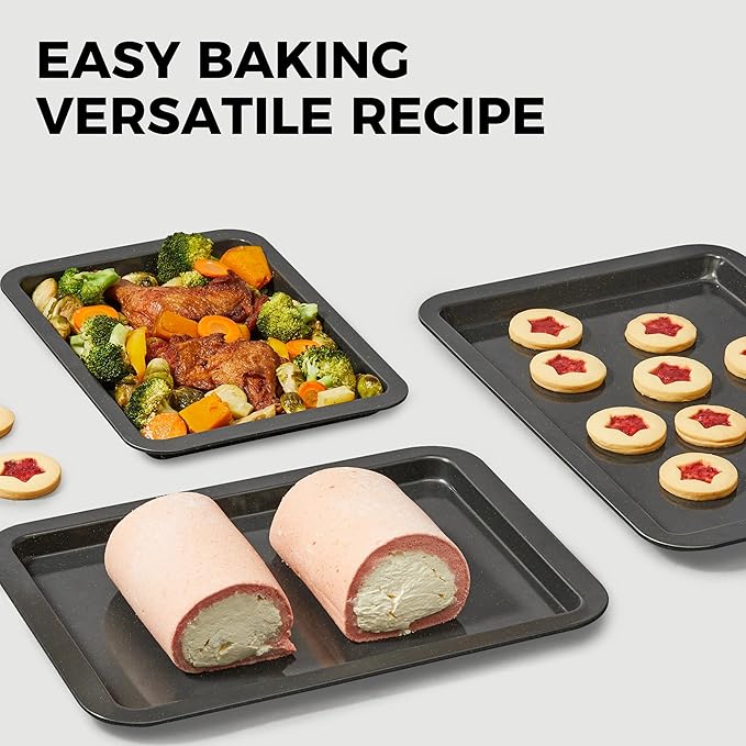 HONGBAKE Ceramic Baking Sheet Pan Set, Cookie Sheet for Oven, Bakeware Sets with Wider Grips, 3 Pack Half/Jelly Roll/Quarter Baking Tray, Premium, Dishwasher Safe - Dark Grey - Image 7