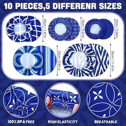 10 Pack Cloth Bowl Covers for Bread Rising - 5 Size Stretch Elastic Food Storage Container Lids - Reusable Cotton Fabric Covers for Food, Fruits, Leftovers (Stylish)