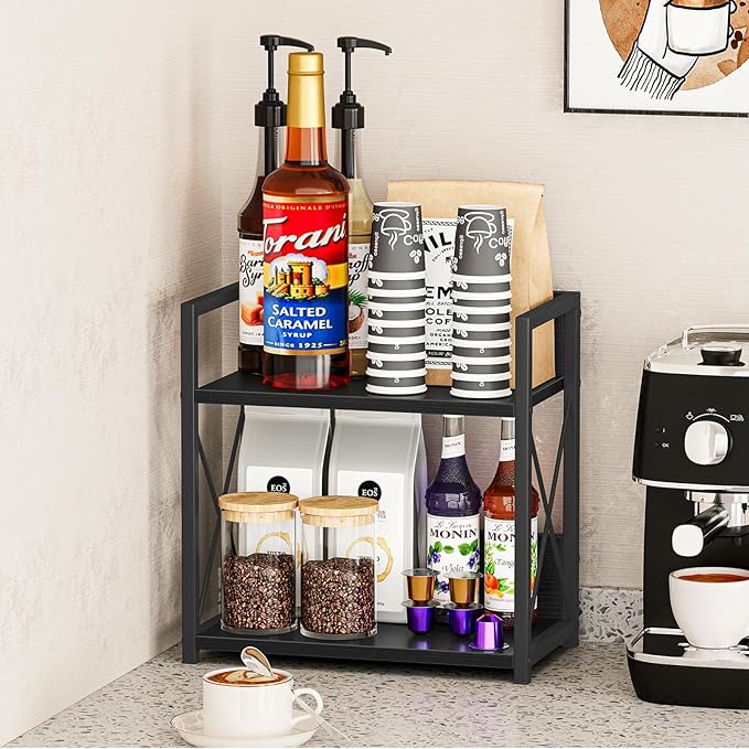 Giikin Countertop Organizer, 2 Tier Coffee Station Organizer for Desktop, Wood Counter Shelf Spice Rack for Kitchen (Black, M) - Image 6