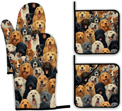 Funny Cute Dog Oven Mitts and Pot Holders Set,Kitchen Decor Heat Resistant Non Slip Hot Pads and Oven Mitt for Chef Cooking Baking BBQ Mom Girl Gifts(4 Piece Set)