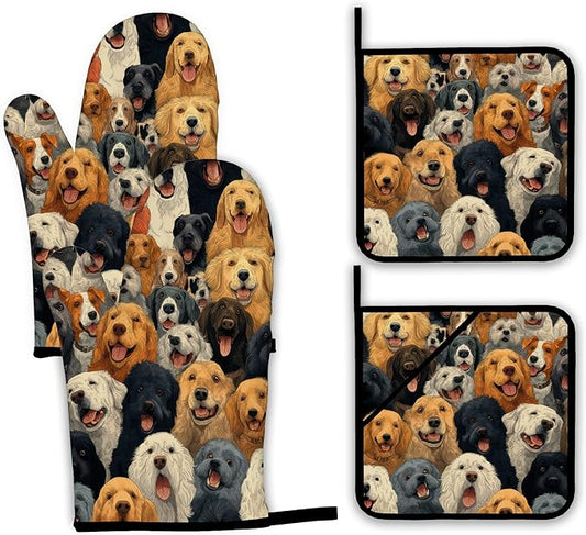 Funny Cute Dog Oven Mitts and Pot Holders Set,Kitchen Decor Heat Resistant Non Slip Hot Pads and Oven Mitt for Chef Cooking Baking BBQ Mom Girl Gifts(4 Piece Set)
