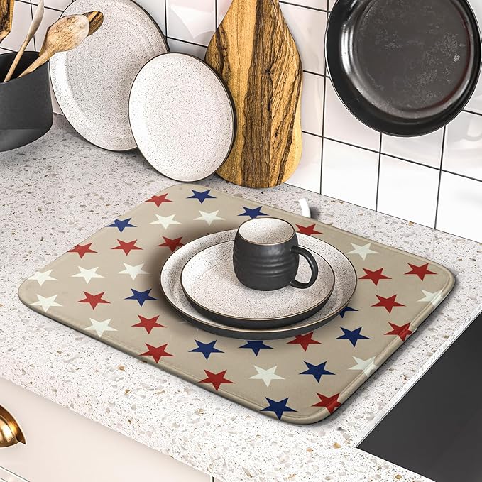Patriotic July of 4th Blue Red White Star Dish Drying Mat for Kitchen Counter 16x18 Independence Day Absorbent Reversible Microfiber Drying Mats Kitchen Countertop Protector Dishes Drainer Rack Pad - Image 5