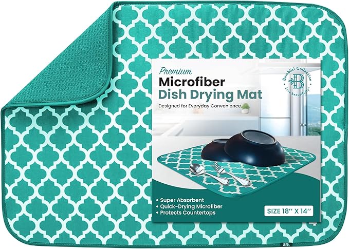 Dish Drying Mat - Microfiber Kitchen Counter Mat, Super Absorbent & Quick Dry Dish Drying Pad for Dishes, Utensils, Pots & Pans - Large Reversible Drying Mat for Kitchen Countertops, Coffee Bar, Green by Bamb%C3%BCsi
