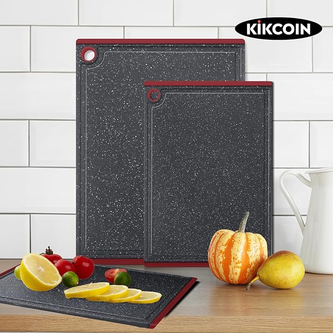 Kikcoin Plastic Cutting Boards for Kitchen, 3-Piece Large Cutting Board Set Dishwasher Safe Chopping Boards with Non-slip Feet and Juice Grooves, Red - Image 7