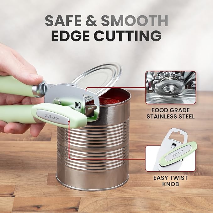 Zulay Kitchen Heavy Duty Stainless Steel Can Opener Manual with Bottle Opener - Rust Proof Manual Can Opener With Turn Knob & Comfy Soft Grip Handles - Pistachio - Image 4