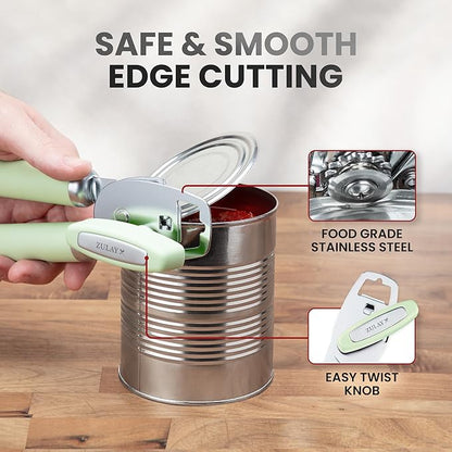 Zulay Kitchen Heavy Duty Stainless Steel Can Opener Manual with Bottle Opener - Rust Proof Manual Can Opener With Turn Knob & Comfy Soft Grip Handles - Pistachio - Image 4