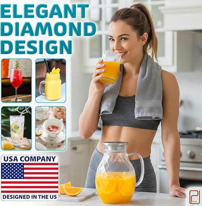 Premium Borosilicate Glass Pitcher with Lid and Spout - 2 Liter / 68 oz, Borosilicate Glass with Handle - Carafe for Hot/Cold Beverages - Water Jug - Iced Tea Pitcher - Juice Server